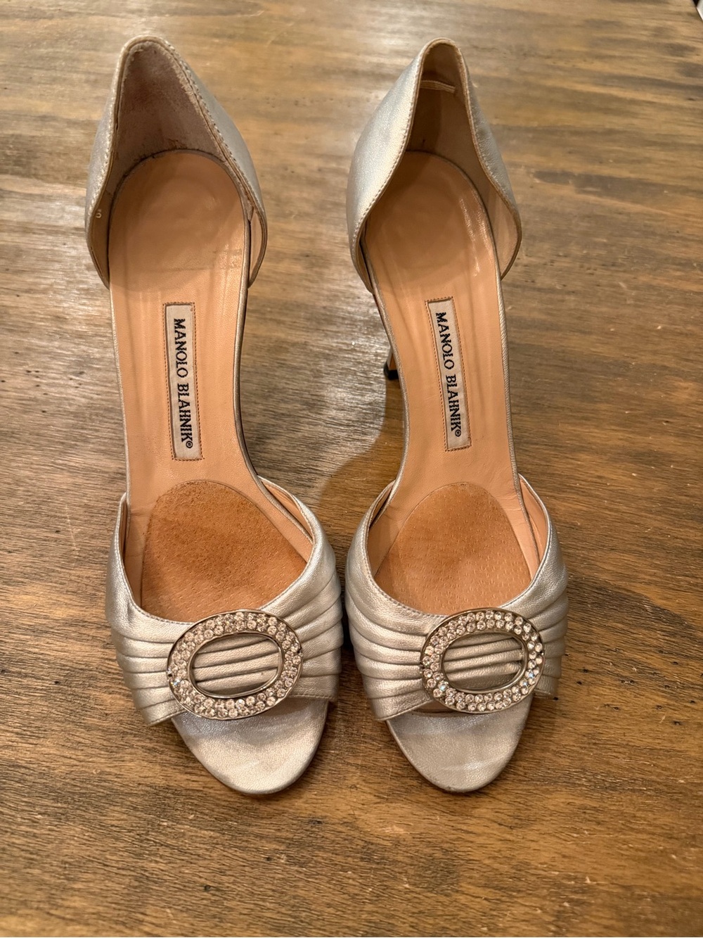 Manolo Blahnik Silver Evening D'Orsay Pumps with Crystal Buckle 40.5